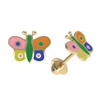 Brinco Borboleta Colorida Ouro 18k FE04K105