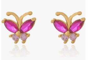 Brinco Borboleta Com Zircônias Rosa Em Ouro 18k