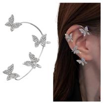 Brinco Borboleta Zircão Strass Clipe K-pop Ear Cuff Prata