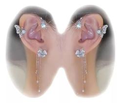 Brinco Borboletas Gancho Para Orelha Strass Prateado Ear Cuf
