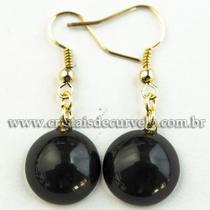 Brinco Cabochão Pedra Obsidiana Negra Montagem Anzol Dourado