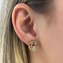 Brinco Círculo Flores Cravejado Zircônias Cristal Banhado em Ouro 18k