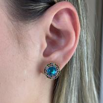 Brinco Círculo Zircônias Color Azul Turquesa Banhado em Ouro 18k