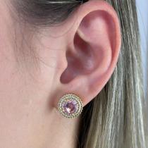 Brinco Círculo Zircônias Cristal Central Rosa Banhado em Ouro 18k