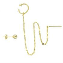Brinco Com Corrente E Bolinha Lisa PRI Style Folheado A Ouro 18K Antialérgico