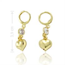 Brinco Com Fecho Tranqueta, Zircônia E Coração PRI Style Folheado A Ouro 18K Antialérgico