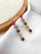 Brinco comprido 6 flores com zirconias coloridas cravejadas