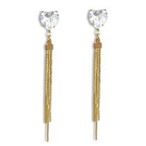 Brinco Comprido Coração Zircônia Cristal e Correntes Banhado a Ouro 18K Semijoia