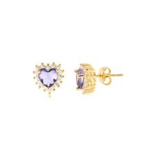 Brinco Coração Ametista Zirconias Folheado Ouro Zircônia Brinco Coração Ametista Zirconias Folheado Ouro Zircônia