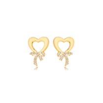Brinco Coração com Laço cravejado Banhado a Ouro 18k