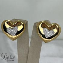 Brinco coração duplo cravejado folheado em ouro 18k