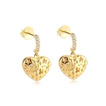 Brinco Coração Oco Com Haste De Zircônia Folheado A Ouro