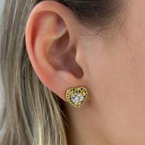 Brinco Coração Zircônia Cristal Borda Color Banhado em Ouro 18k