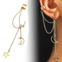 Brinco Corrente Com Piercing Pressão Lua E Estrela Duplo
