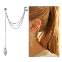 Brinco Corrente Folhas Banhado a Prata Pressão Feminino Brinco Corrente Folhas Banhado a Prata Pressão Feminino