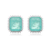 Brinco Cristal Paraíba Fusion 12x14mm e Borda Zircônia Prata Com Ródio Brinco Cristal Paraíba Fusion 12x14mm e Borda Zircônia Prata Com Ródio