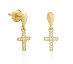 Brinco Cruz Com Zircônias Em Ouro 18k