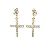 Brinco Cruz de Strass Cristal Folheado Ouro 18k Antialérgico