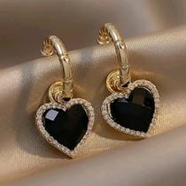 Brinco De Argola Com Coração Preto Em Strass Folheado A Ouro 18K Antialérgico - SHPRI009