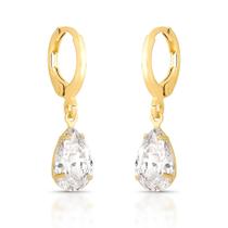 Brinco De Argola Com Pingente De Zirconia Gota Folheado A Ouro