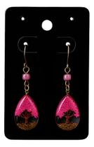 Brinco De Arvore Resina Rosa Cabochon Boho Chic Artesanal