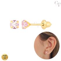 Brinco de Ouro 10k 416 Zircônia Rosa 3mm Para Recém Nascido, Crianças e Adultos
