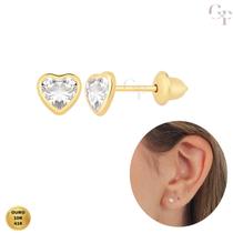 Brinco de Ouro 10k em Formato de Coração com Pedra Zircônia Branca Transparente 4mm Brinco de Ouro 10k em Formato de Coração com Pedra Zircônia Branca Transparente 4mm