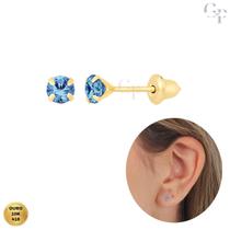 Brinco De Ouro 10k Zircônia Azul 3mm Para Recém Nascido, Infantil e Adulto com Nota Fiscal Brinco De Ouro 10k Zircônia Azul 3mm Para Recém Nascido, Infantil e Adulto com Nota Fiscal