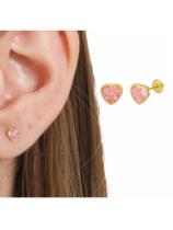 Brinco De Ouro 18k 750 Coração De Zirconia Rosa 5mm Brinco De Ouro 18k 750 Coração De Zirconia Rosa 5mm