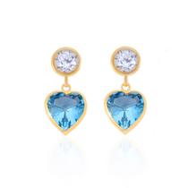 Brinco De Ouro 18k 750 Pingente Coração Zircônia Azul Claro