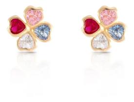 Brinco De Ouro 18k 750 Trevo Com Zirconias De Coração Mistas