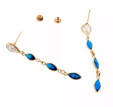 Brinco De Ouro 18k Cascata Zircônia Azul