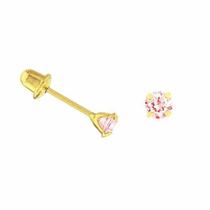Brinco De Ouro 18k Infantil 2º Furo 3mm Pedra Rosa Brinco De Ouro 18k Infantil 2º Furo 3mm Pedra Rosa