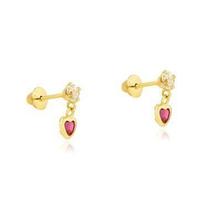 Brinco de ouro 18k pedra vermelha com pingente coração