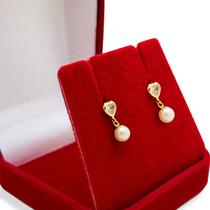 Brinco De Ouro 18k Zircônia Coração Com Pérola Pendurada Adulto Infantil