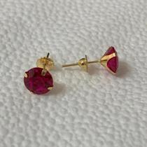 Brinco De Ouro 18k Zirconia Redonda De 7mm Vermelho Rubi