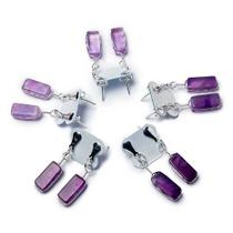 Brinco de Pedra Ametista Retângulo Ranhurado Prateado - Atacado Brinco de Pedra Ametista Retângulo Ranhurado Prateado - Atacado