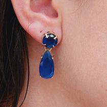 Brinco De Pedra Folheado A Ouro Azul Escuro