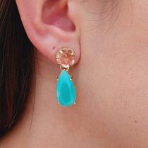 Brinco De Pedra Folheado A Ouro Morganita Com Verde Brinco De Pedra Folheado A Ouro Morganita Com Verde