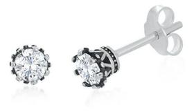 Brinco De Prata 925 Ponto De Luz Envelhecido Coroa Zircônia