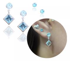 Brinco de Prata 925 Zircônia Quadrada Azul Pendurado + Brinco 3MM Elegância em Detalhes! Rf 1384