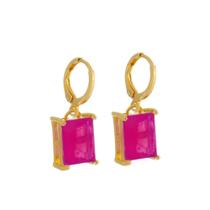 Brinco Dourado Argolinha Pedra Retangular Rosa Brinco Dourado Argolinha Pedra Retangular Rosa