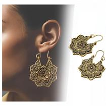 Brinco Dourado Feminino Flor De Lótus Mandala Indiano Antialérgico