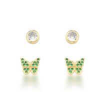 Brinco Dupla Borboleta Verde e ponto de luz Banhado a Ouro 18k Brinco Dupla Borboleta Verde e ponto de luz Banhado a Ouro 18k