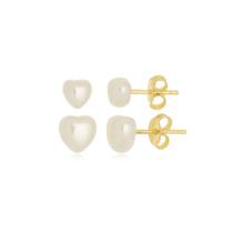 Brinco Dupla Pérola Coração Banhado a Ouro 18k