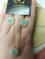 brinco e pingente de coração com cristal azul e zircônias e colar riviera longa