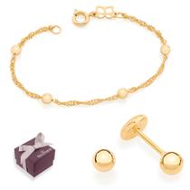 Brinco E Pulseira Bebê Banhado A Ouro 18k Bolinha Não Causa Alergia Rommanel