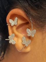 Brinco Ear Cuff Borboletas Assimétrico Ródio Branco