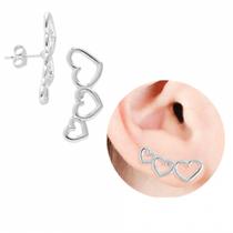 Brinco Ear Cuff Com 3 Corações PRI Style Folheado A Prata Antialérgico BSPRI5156 P