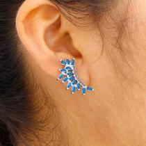 Brinco Ear Cuff com Cristais Azul Prussiano e Zircônias Negras Folheado no Ródio Branco